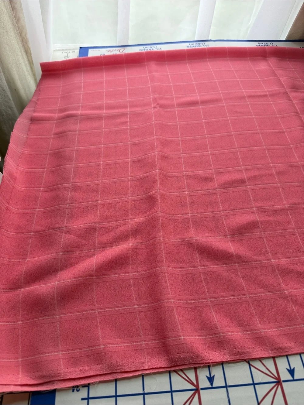 Vintage 1980s Coral Pink Windowpane Plaid Lightweight Drapey Fabric 2 Yards